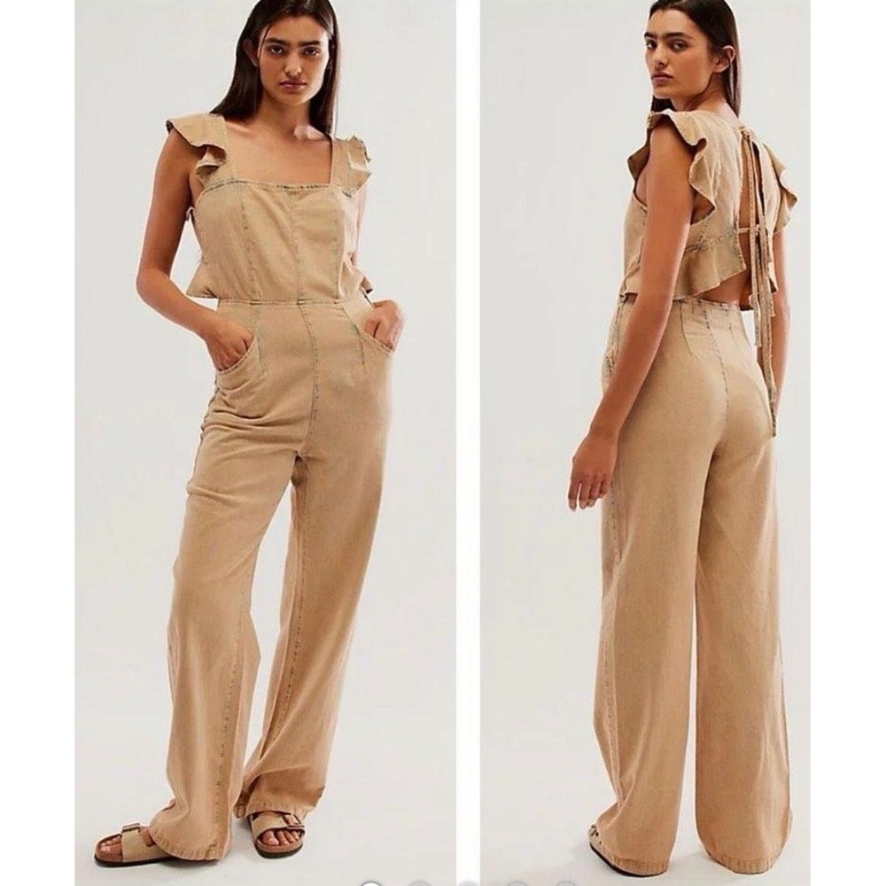 We The Free About Last Night Jumpsuit Vintage Desert Tan Denim Wide Leg L NEW